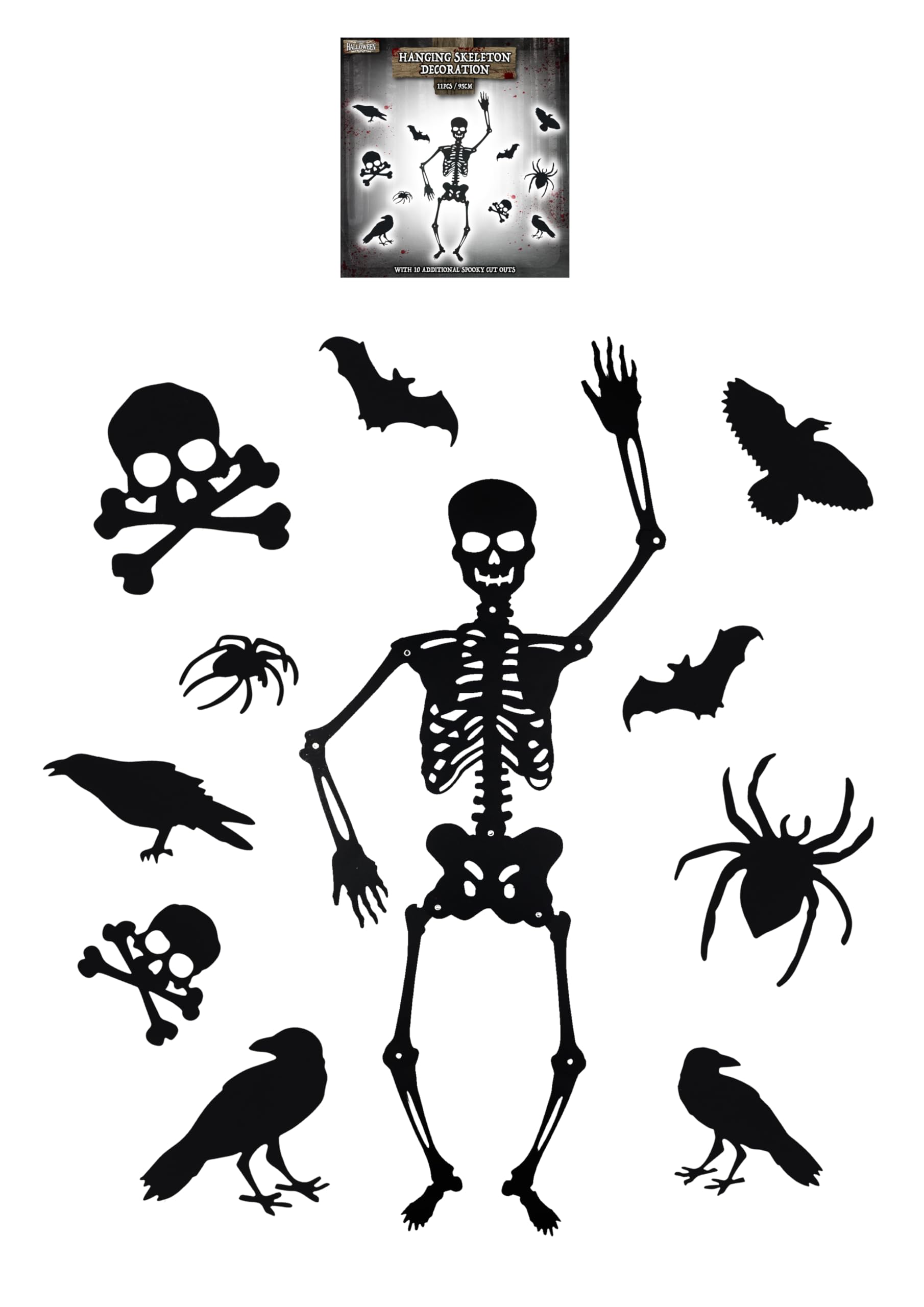 HENBRANDT 1 x Hanging Skeleton with 10 Decorative Cutouts 95cm Jointed Skeleton Articulated Cutouts Hanging Props Haunted House Dungeon Decor Trick or Treat Spooky Skeleton Halloween Decorations