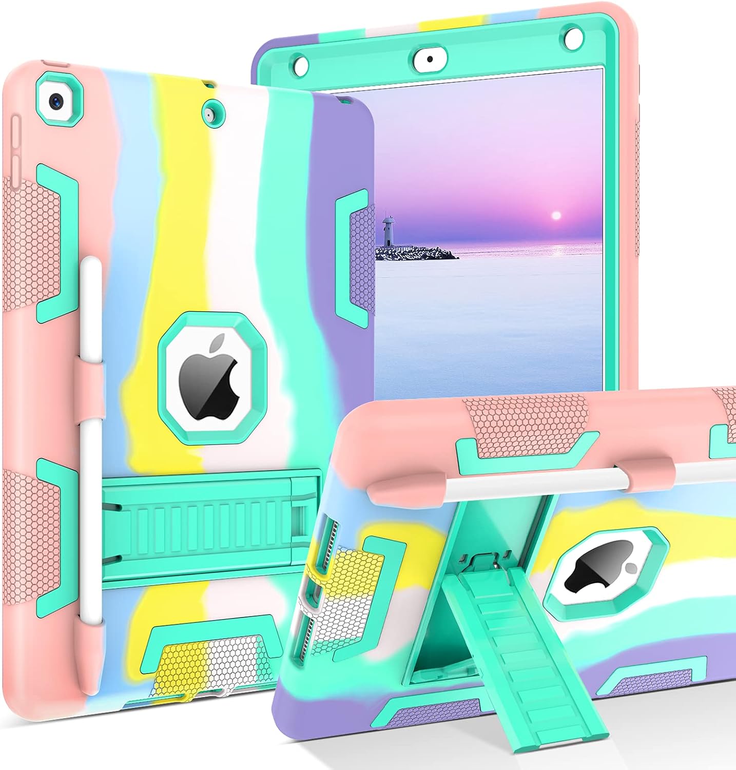 BENTOBEN iPad 8th Generation Case, iPad 7th Generation Case, iPad 10.2 2020/2019 Case, 3 in 1 Heavy Duty Rugged Shockproof Kickstand Hybrid Bumper Protective Girls Women Boys Men Cover, Rainbow Design