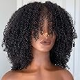 walnut hair Afro Kinky Curly Human Hair Wig with Bangs Full Machine Made Scalp Top Wig Glueless Virgin Brazilian Afro Curly Wigs for Black Women 200 Density Natural Color 16 inch
