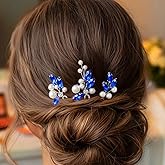 HEREAD Blue Crystal Bride Wedding Hair Pins Silver Pearl Bridal Hair Pieces Rhinestones Hair Accessories for Women and Girls(Pack of 3) (Silver)