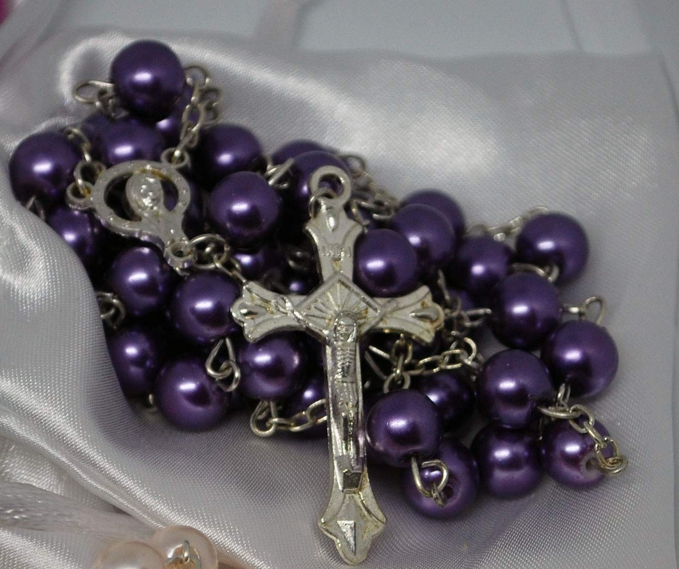 First Holy Communion Purple Rosary Beads 1st Communion Confirmation Girls/Boys Gift Excellent Quality Five Decade Rosary & Silver Crucifix Pearl Effect Beads with Free White Satin Drawstring Pouch