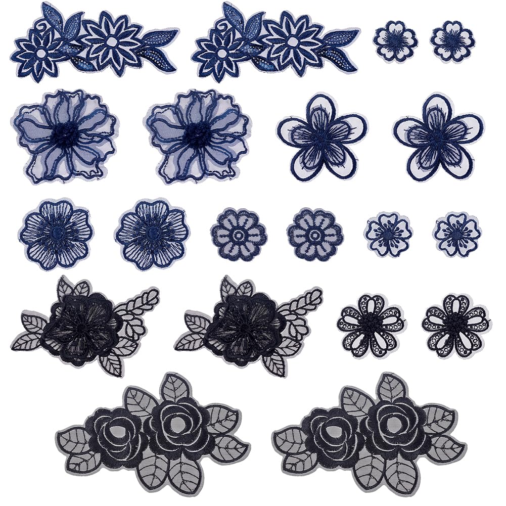 AHANDMAKER 20 Pcs 3D Flower Lace Embroidery Appliques, Floral Sew On Patches Dark Blue Flower Wreath Lace Patch Fabric for Clothes Repairing Wedding Bride Party Dress Costume Accessory DIY Crafts