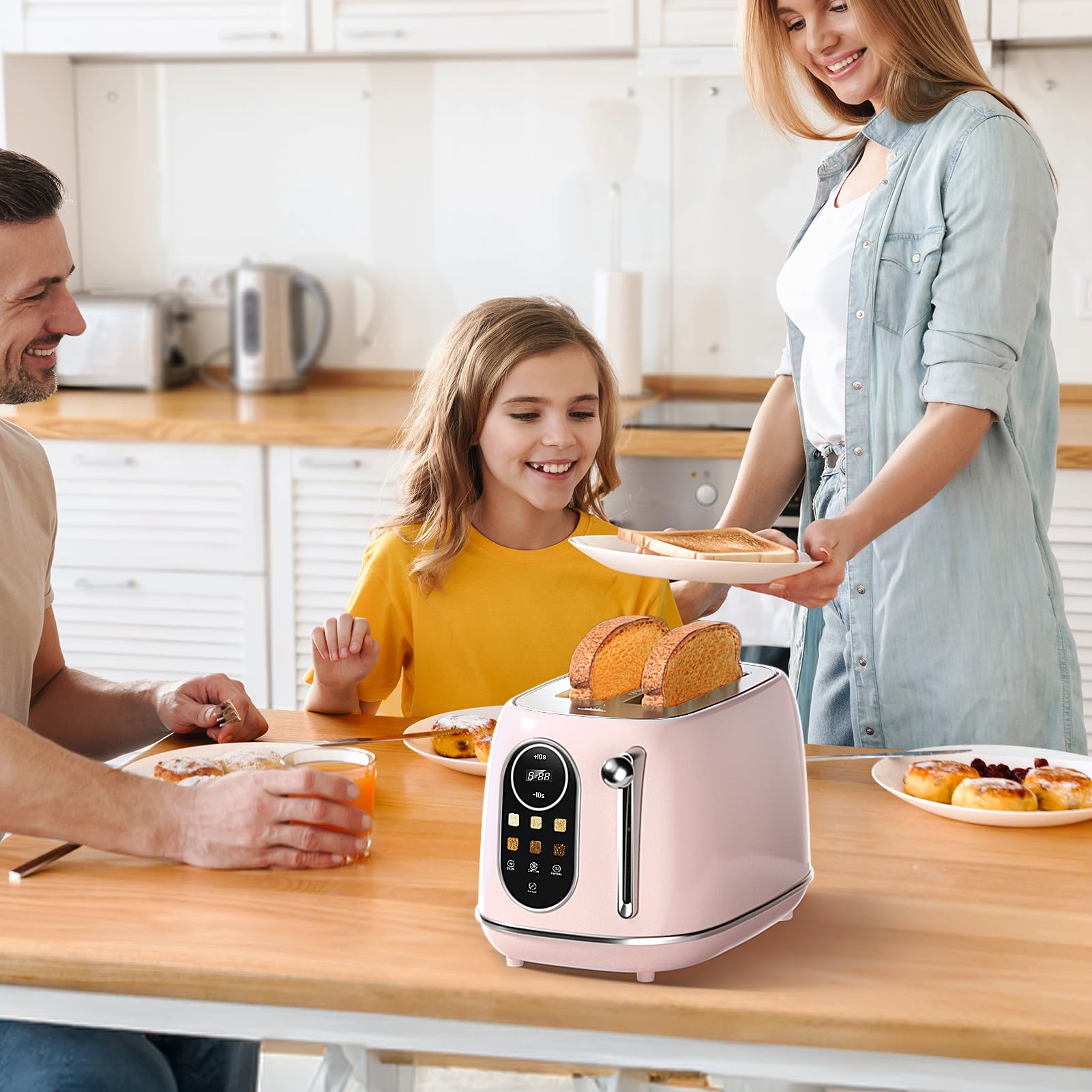 Keenstone Tostadora inteligente con pantalla táctil de 2 rebanadas, tostadora retro de acero inoxidable con ranura ancha y 6 niveles de dorado, recalentar y descongelar, para bagels, tostadas, pan, bandeja para migas extraíble, rosa