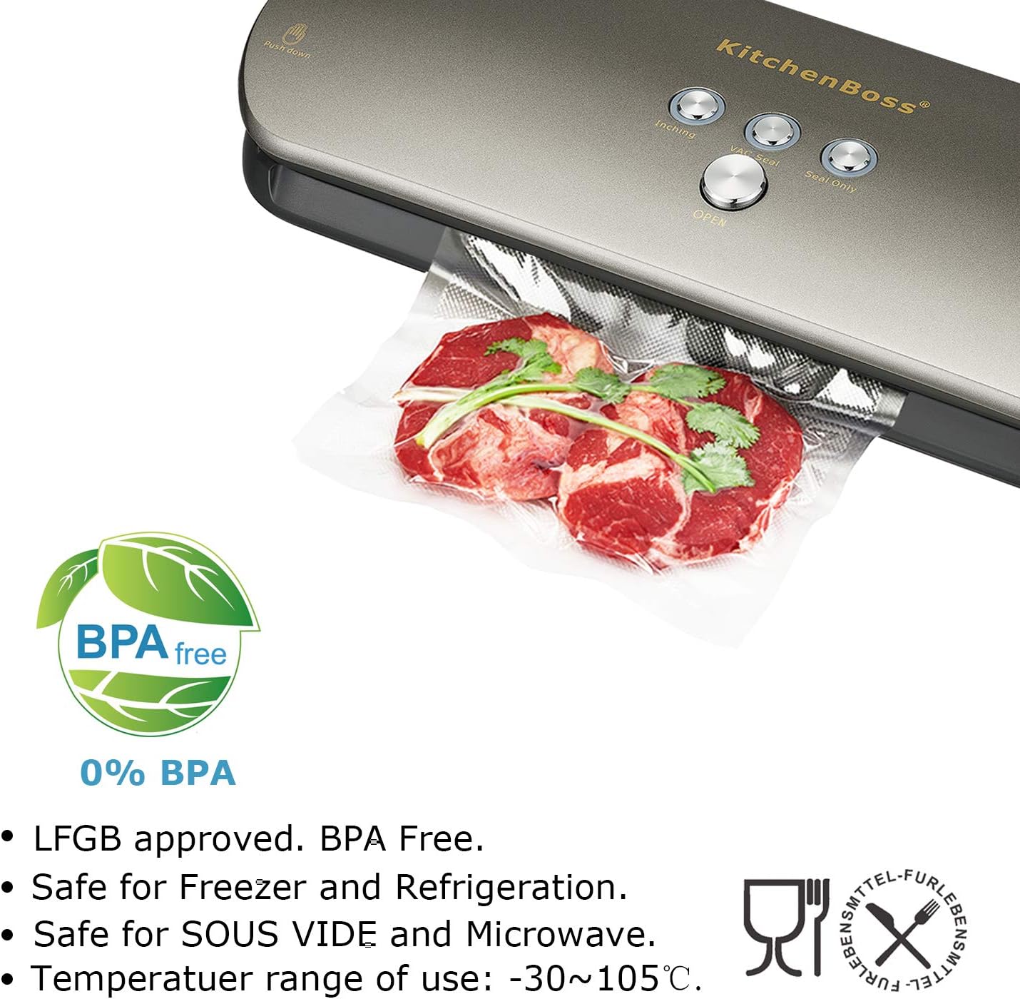 KitchenBoss Vacuum Food Sealer Rolls with Cutter-Box, 3 Rolls 20x 500cm Vacuum Sealer Bags for Food Storage and Sous Vide BPA-free - Image 4