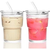 Icesip 13 oz Glass Cups with Lids and Straws Ribbed Drinking Glasses Cup Leak Proof Iced Coffee Glass Tumbler Set of 2 for Soda Smoothie Juice(Clear*2)