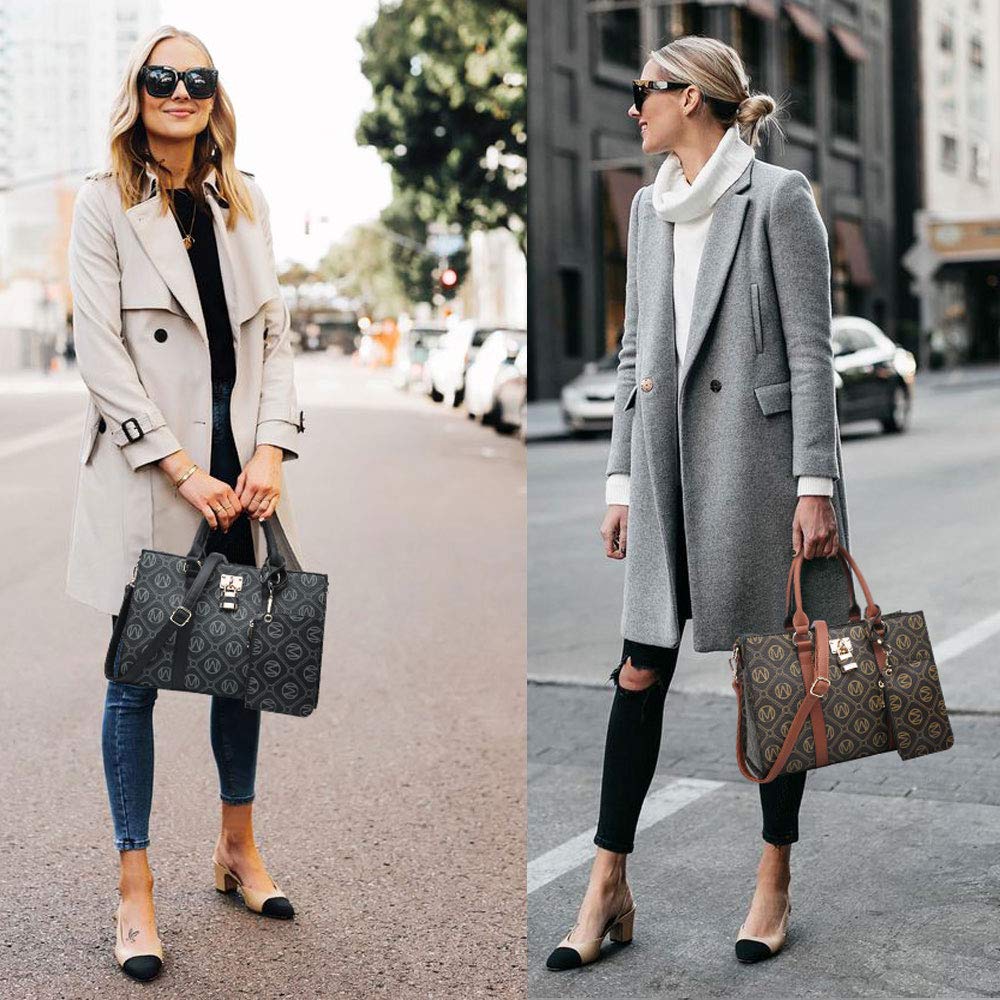 MKP Women Fashion Top Handle Handbags Purses Satchel Tote M Signature Padlock Shouler Bags Work Bag with Wallet Wristlet Set 2pcs (Black)