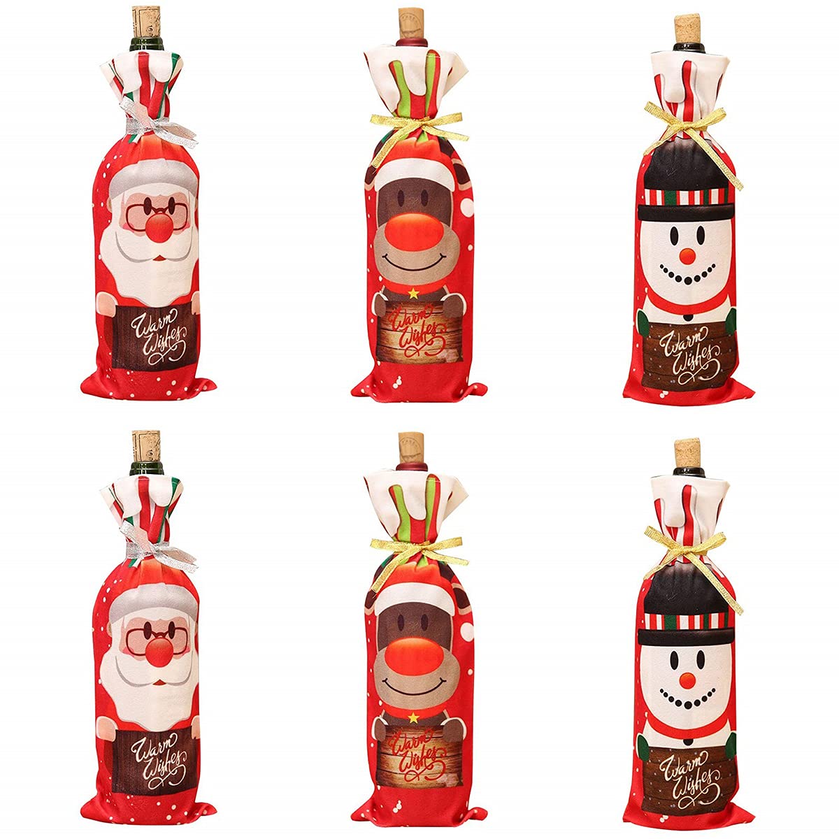 6 Pcs Christmas Wine Bags Bottle Gift Bags, Santa Snowman Deer Pattern Bottle Wrap Bags Xmas Wine Bag for Home Dinner Party Decoration
