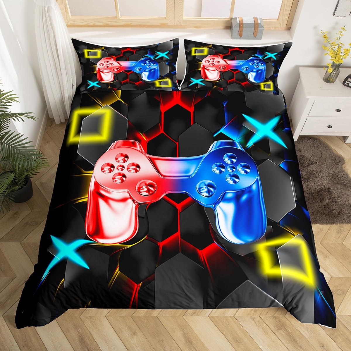 Games Duvet Cover Boys Gamer Gaming Console Bedding & Linen Modern Video Game Bedding Set For Kids Hexagon Geometric Bedspread Soft Quilt Cover 3Pcs Double Size