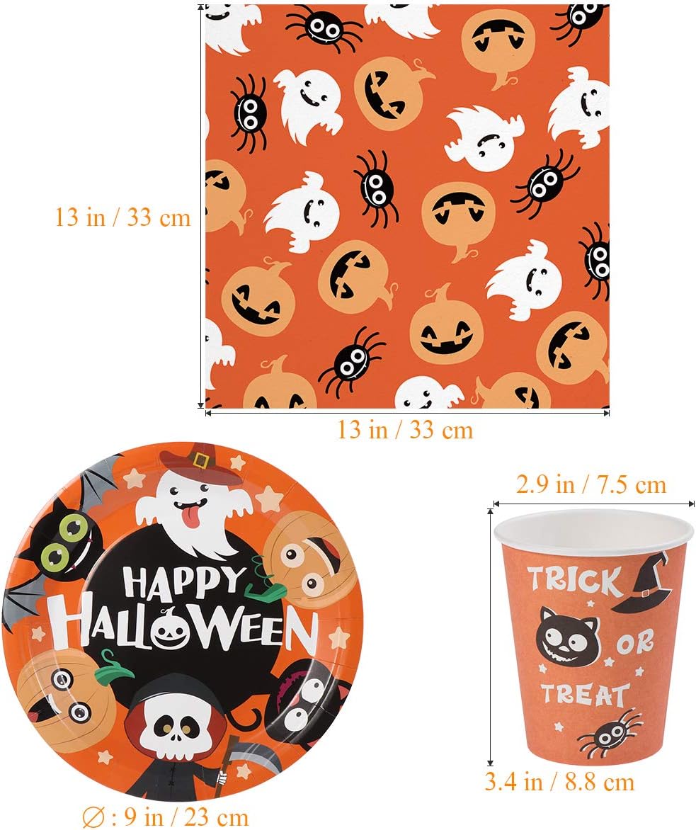 Halloween Disposable Dinnerware Set -Serves 24 - Hemoton Paper Tableware Halloween Party Supplies including 24 Paper Plates, 48 Napkins and 24 Cups: Kitchen & Dining