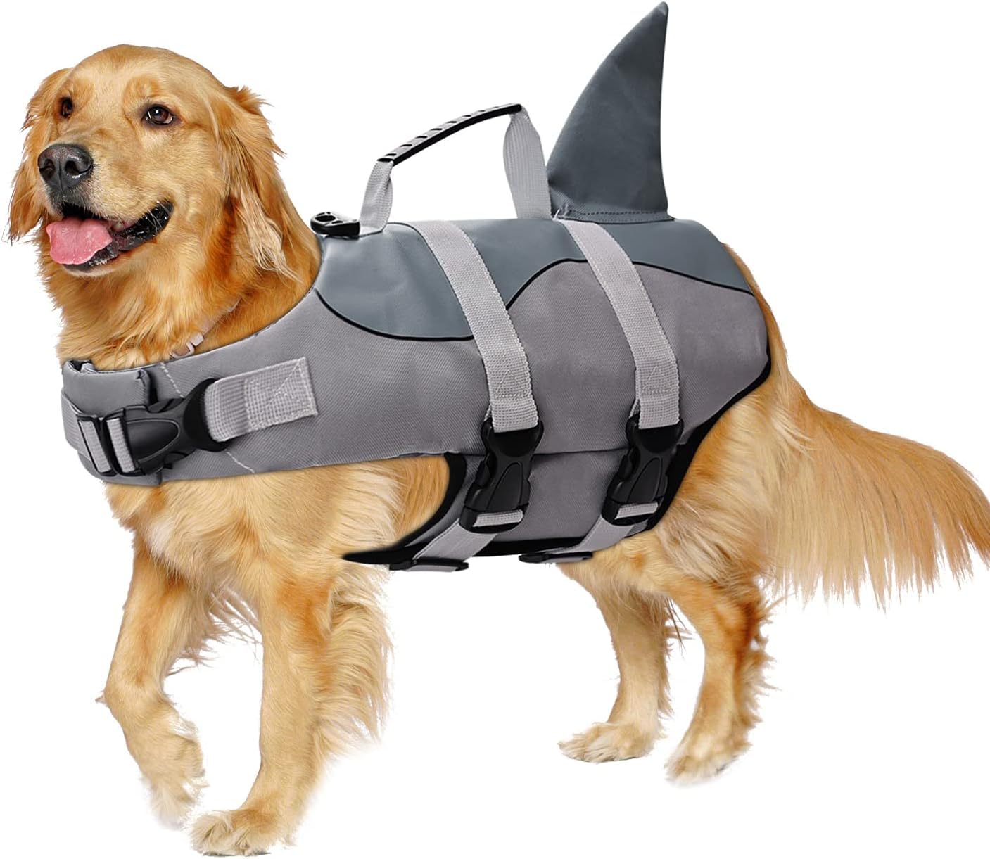 lfdhcn Life Jacket for Dogs, Summer Swimming Shark Safety Vest With Adjustable Strap and Rescue Handle for Beach Pool Boating, Free Bath Brush Included (Grey, M)