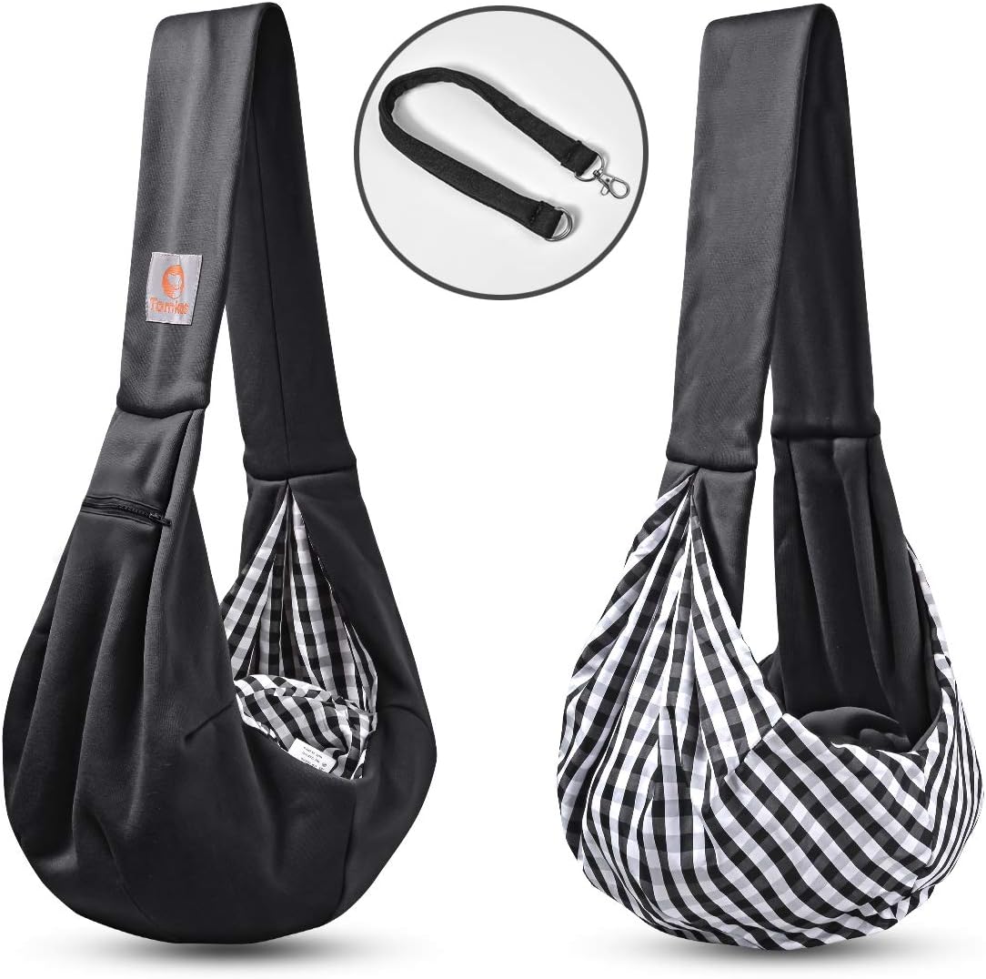 TOMKAS Small Dog Cat Carrier Sling Hands Free Pet Puppy Outdoor Travel Bag Tote Reversible (Black - unadjustable Strap for 3-10 lbs) : Pet Supplies