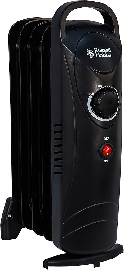 Russell Hobbs 650W Oil Filled Radiator 5 Fin Portable Heater Black Thermostat