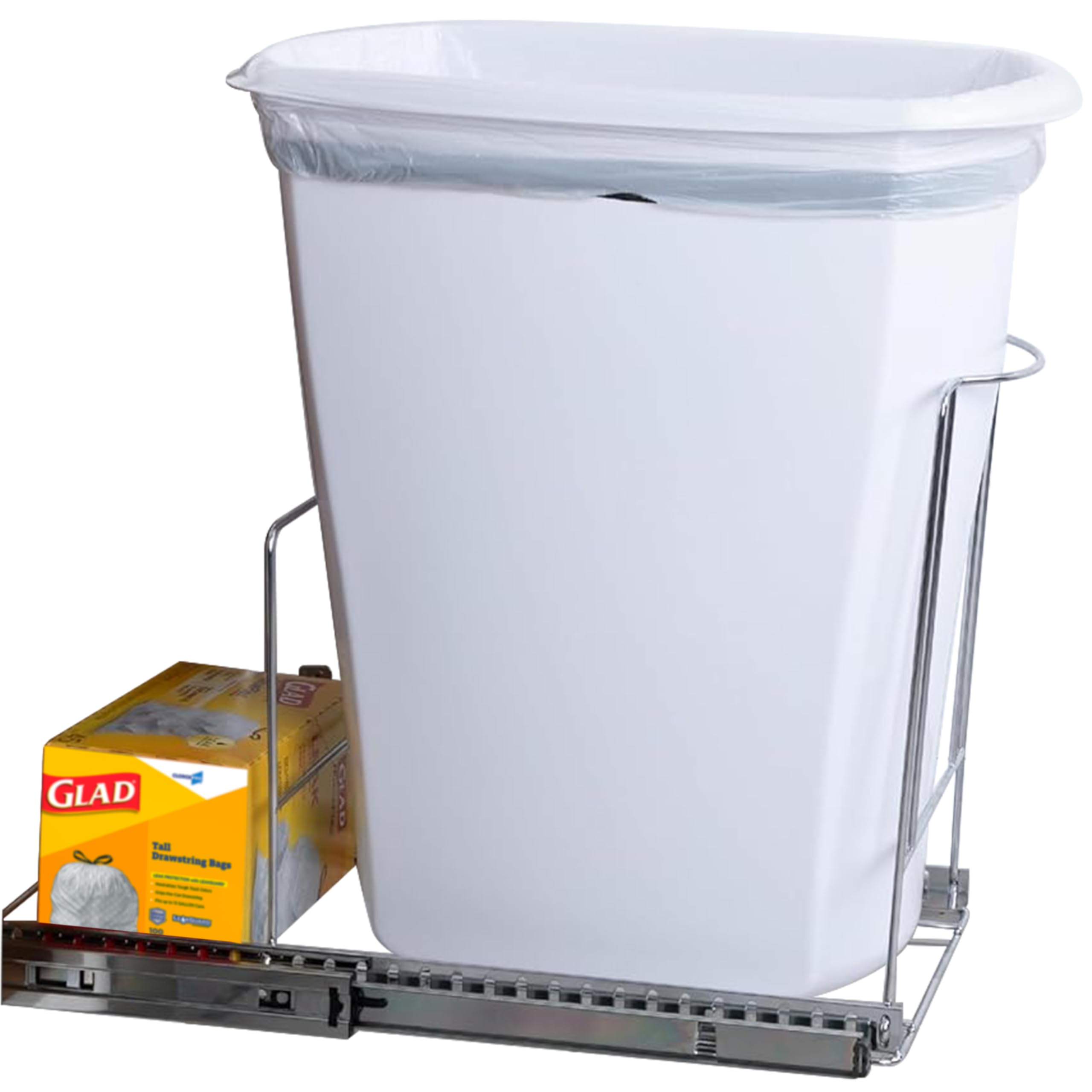 Photo 1 of **JUST DRAWER/CAN NOT INCLUDED**Pull-Out Trash Can for Cabinet -10 Gal / 40 qt – Heavy-Duty Chrome, Smooth Slide with Trash Bag Storage – Fits 11" Cabinet Opening (Bin Not Included)