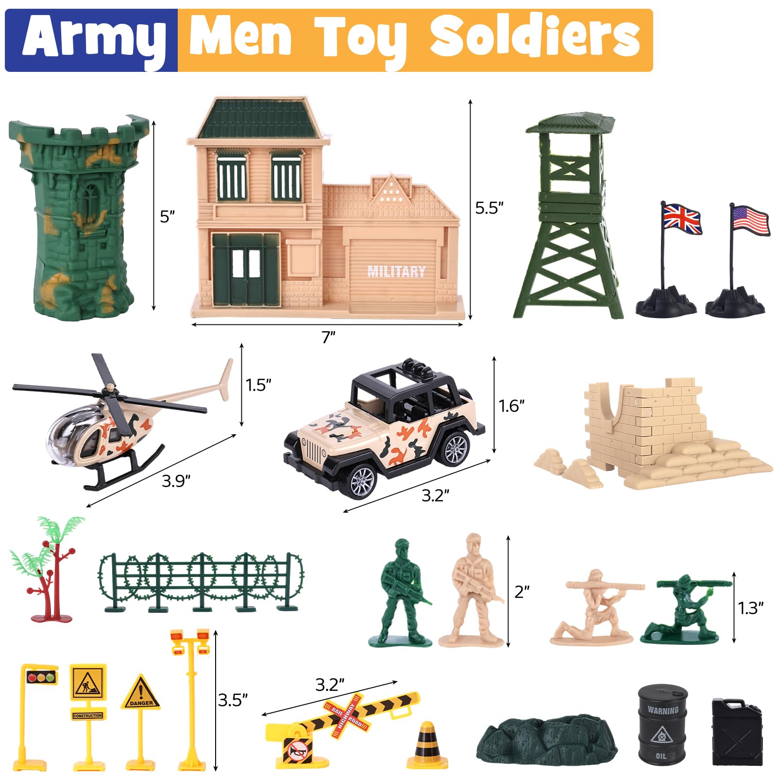 AMOR PRESENT 120PCS Army Men Military Set, Toy Soldiers Playset Plastic Army Men Figures and Accessories with Vehicles Helicopters for Boys Girls