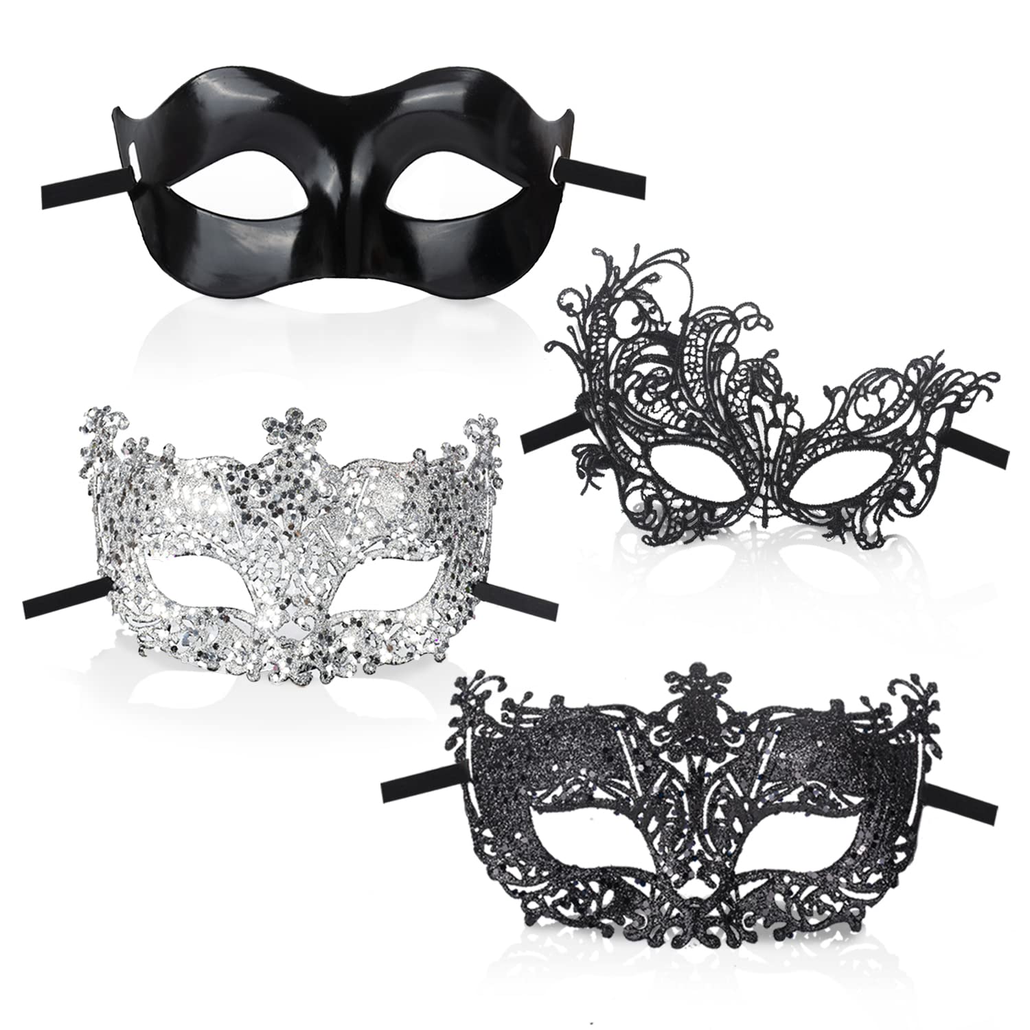 GWAWG Masquerade Mask 4PCS Black Silver Filigree Black Lace Classic Zorro Style Sexy Venetian Party Dress-Up Accessories for Men and Women Couples