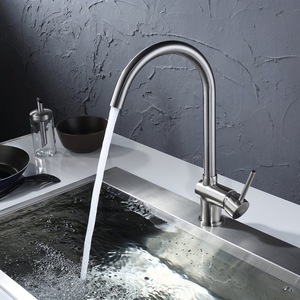 Sontiy Kitchen Faucet Lead free Brass Kitchen Faucet Single Handle Kitchen Sink Faucet 360 Degree Swivel Good Valued Modern Hot & Cold Faucet Mixer 5 YEARS WARRANTY Brushed Nickel