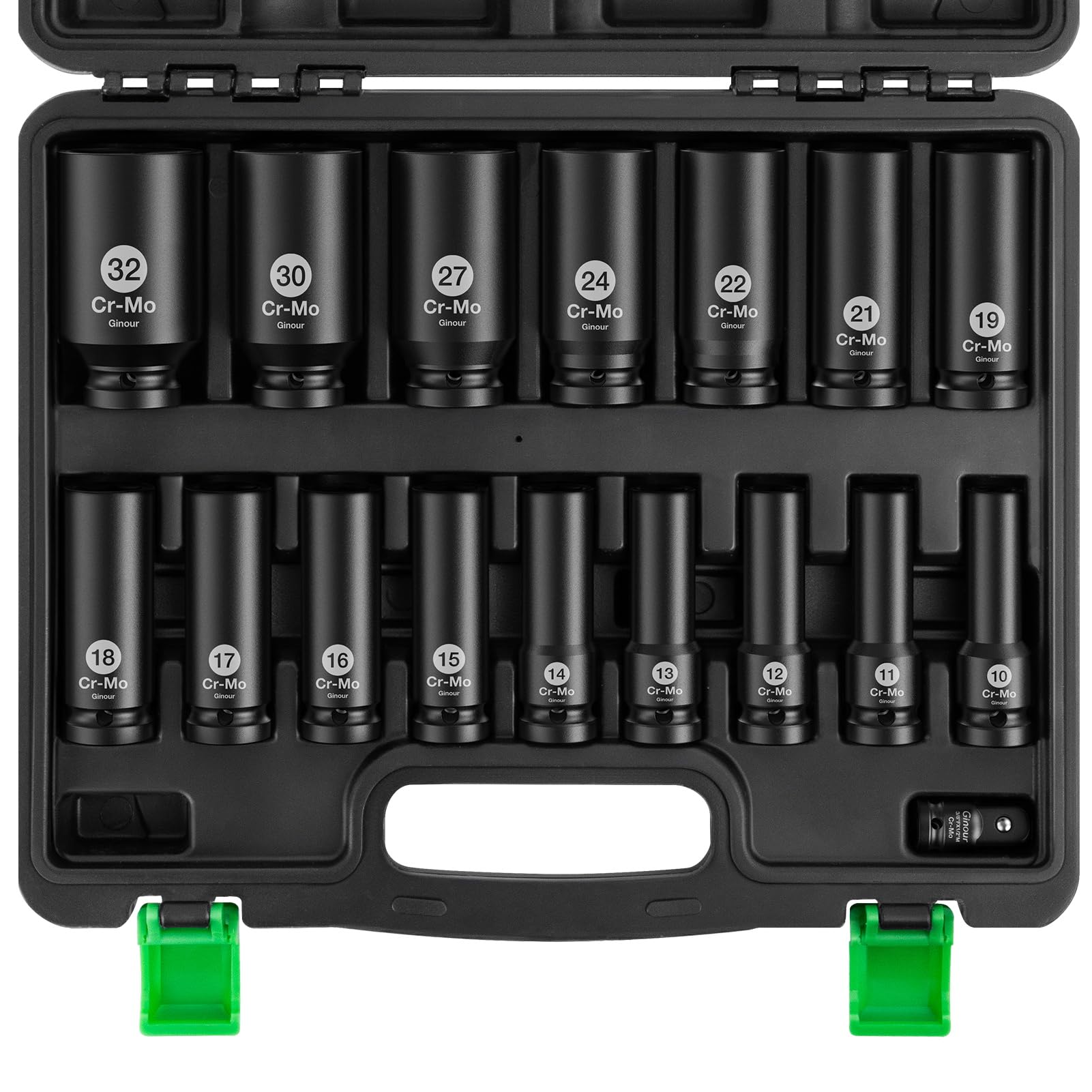 Ginour Impact Socket Set 1/2 Inch, 17PCs Drive Master Deep Impact Socket Set 10mm - 32mm, Metric, Cr-Mo, 6 Point, with 3/8'' to 1/2'' Adapter