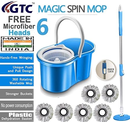 GTC Floor Cleaning PVC Dryer Bucket Mop with 6 Refills Color May Vary (Made in India)