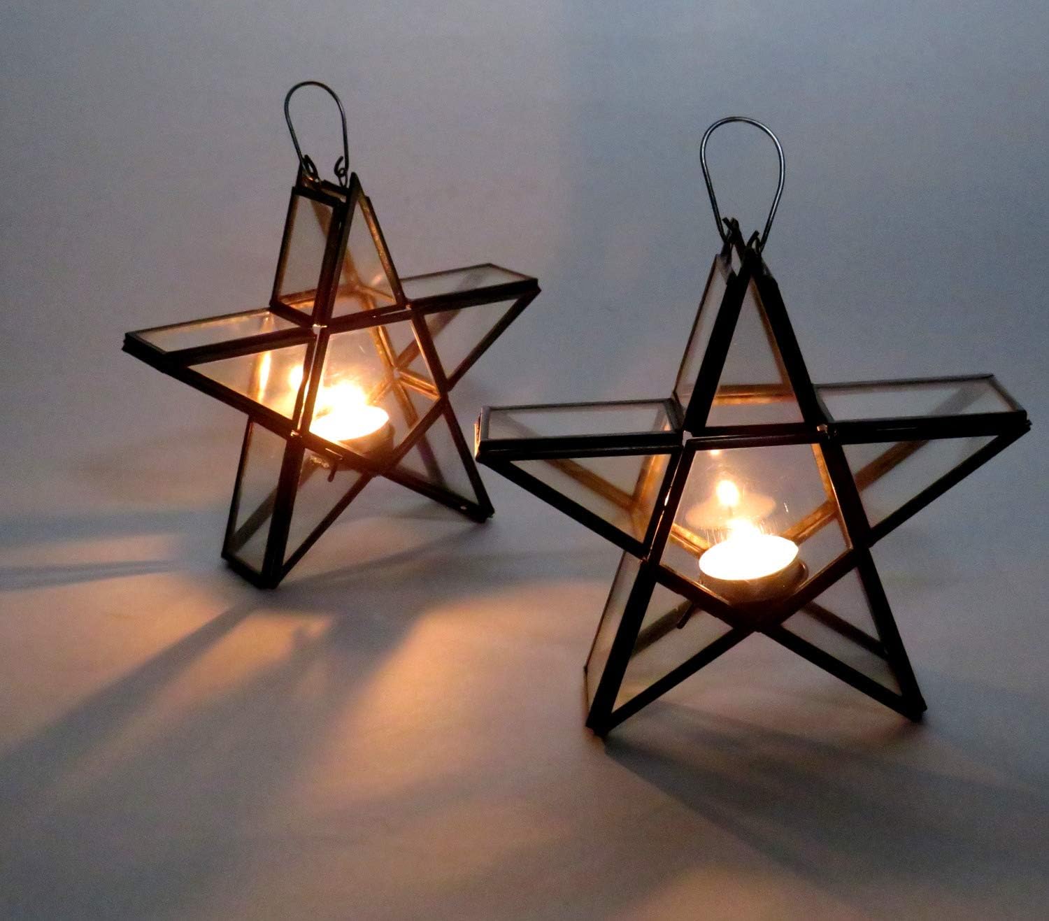 Purity Set of 2 Hanging/Standing Glass Star Lanterns, Tea Light Holders