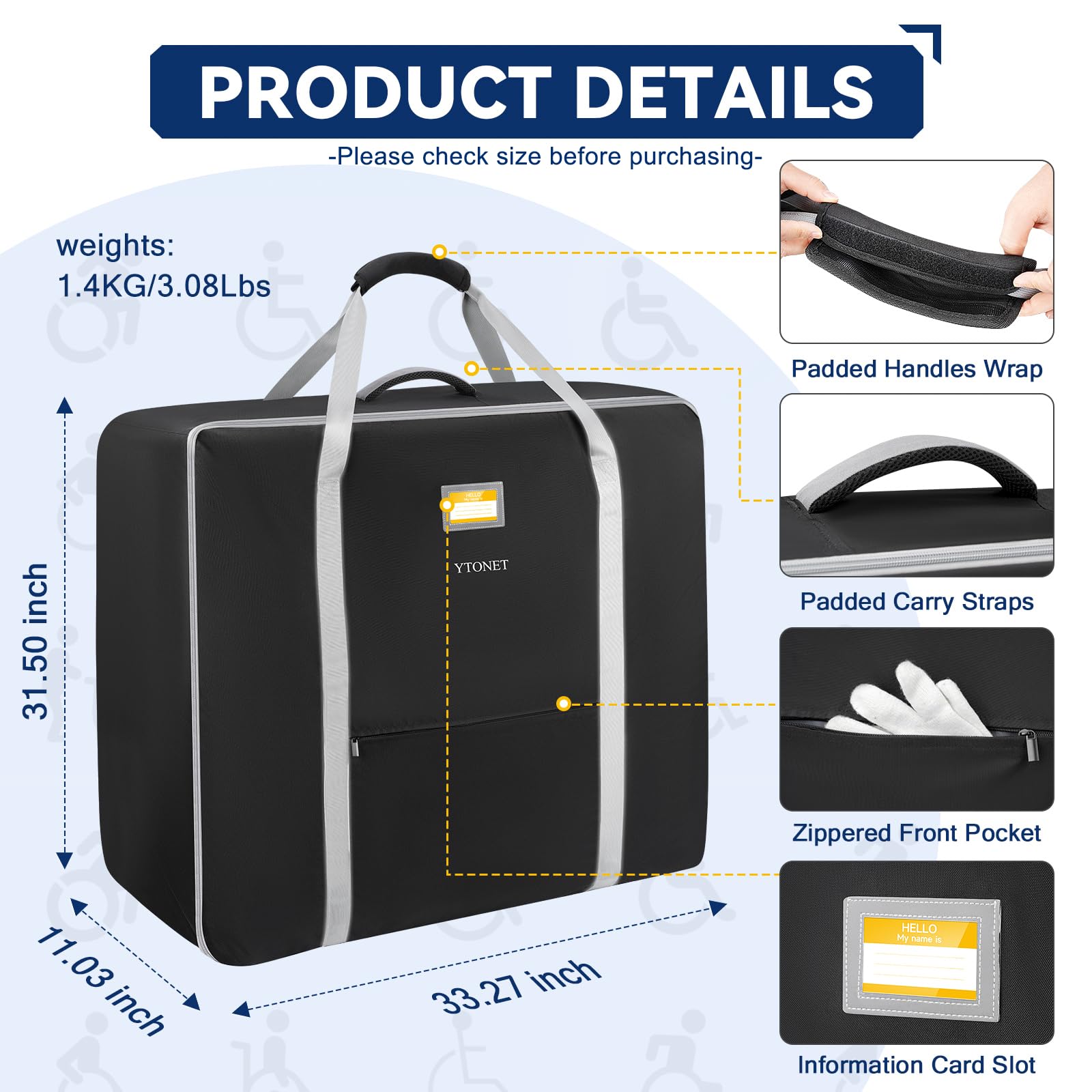Ytonet Wheelchair Bag, Wheelchair Accessories Designed for Foldable Wheelchairs, with Dimensions of 34