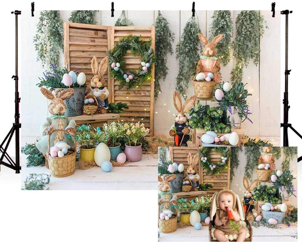 MEHOFOND 7x5ft Spring Happy Easter Photography Backdrop Props Colorful Floral Eggs Rabbit Bunny Child Girl Newborn Portrait Birthday Party Decorations Photo Studio Booth Portrait Background