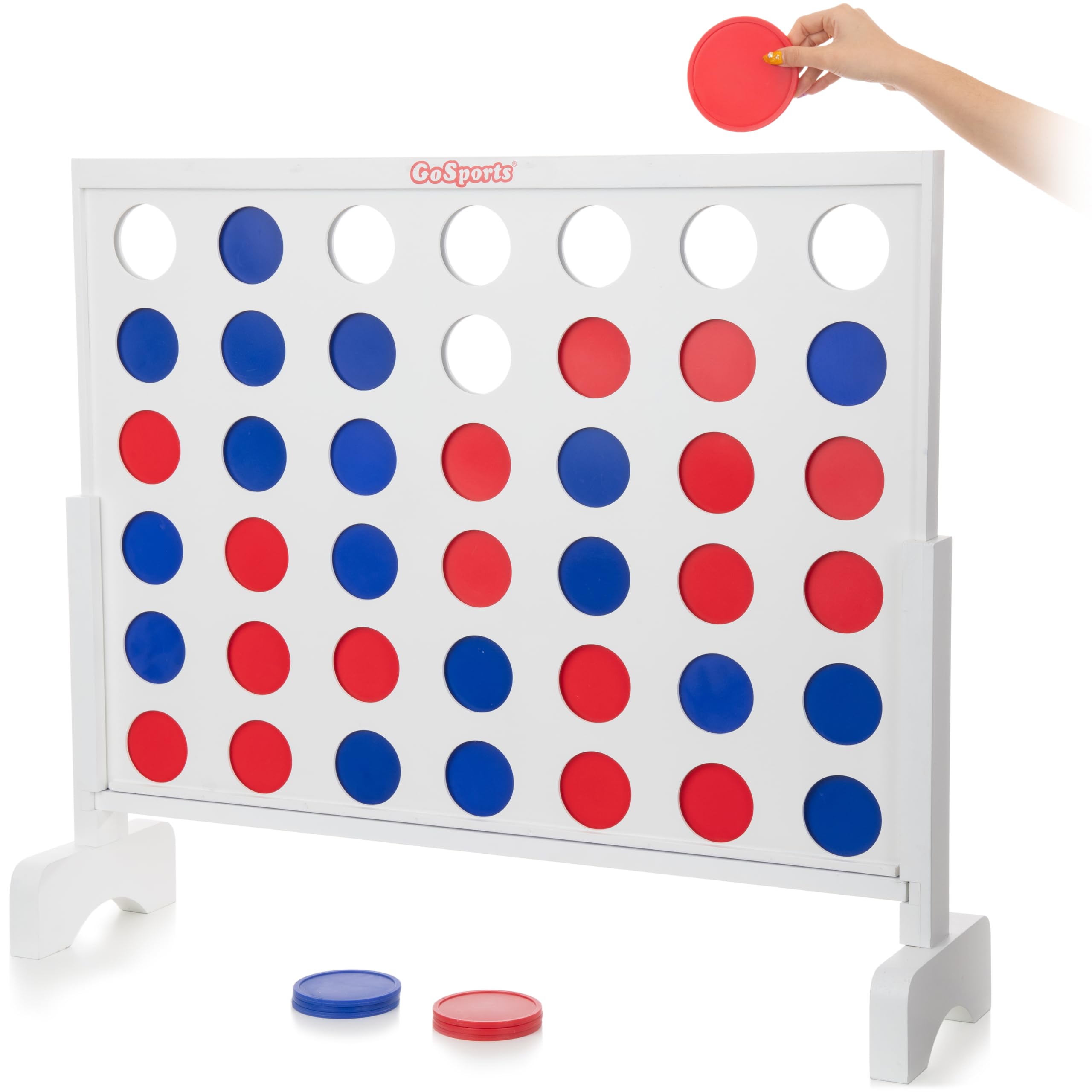 GoSports 3 Foot Width Giant Wooden 4 in a Row Game - Choose White or Dark Stain - Jumbo 4 Connect Family Fun with Coins, Case and Rules