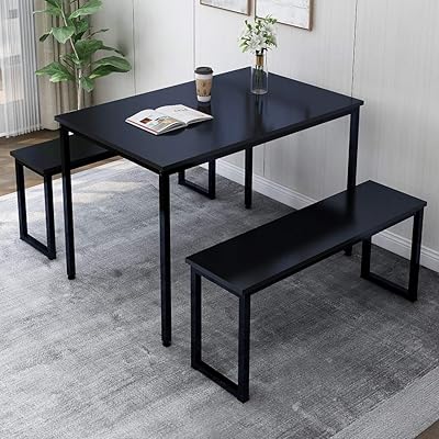 Rhomtree 3-Piece Dining Set with 2 Benches, Black Metal Frame
