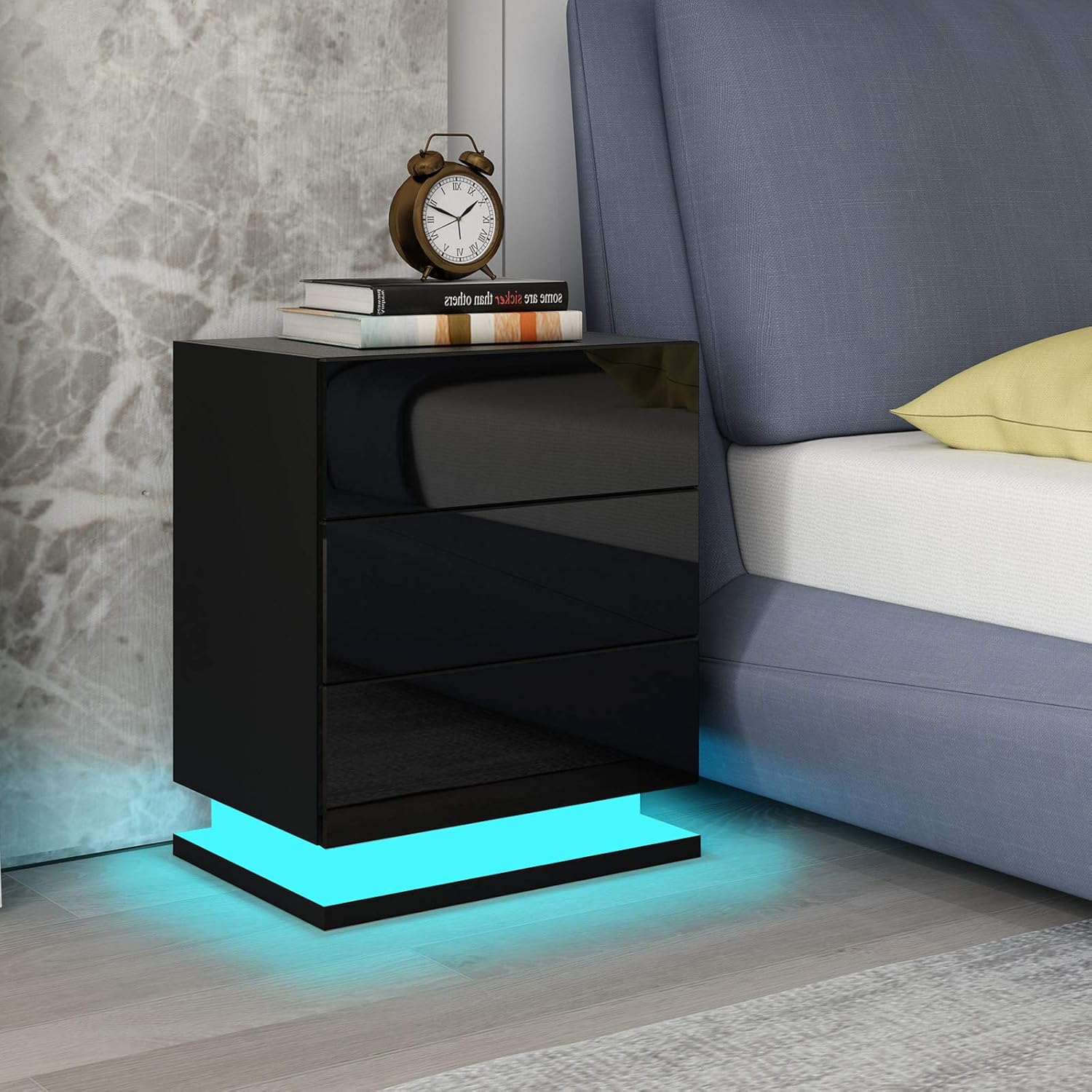 UNDRANDED Modern Bedside table chest of 3 drawers High Gloss RGB LED