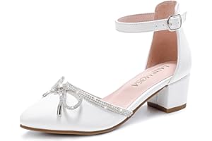 LAURMOSA Girls Sandals Closed Toe High Heels Pointed Toe Ankle Strap Pumps Flower Girl Dressy Shoes in Wedding Party Cute Bowknot Chunky Block Heeled for Little Big Kids