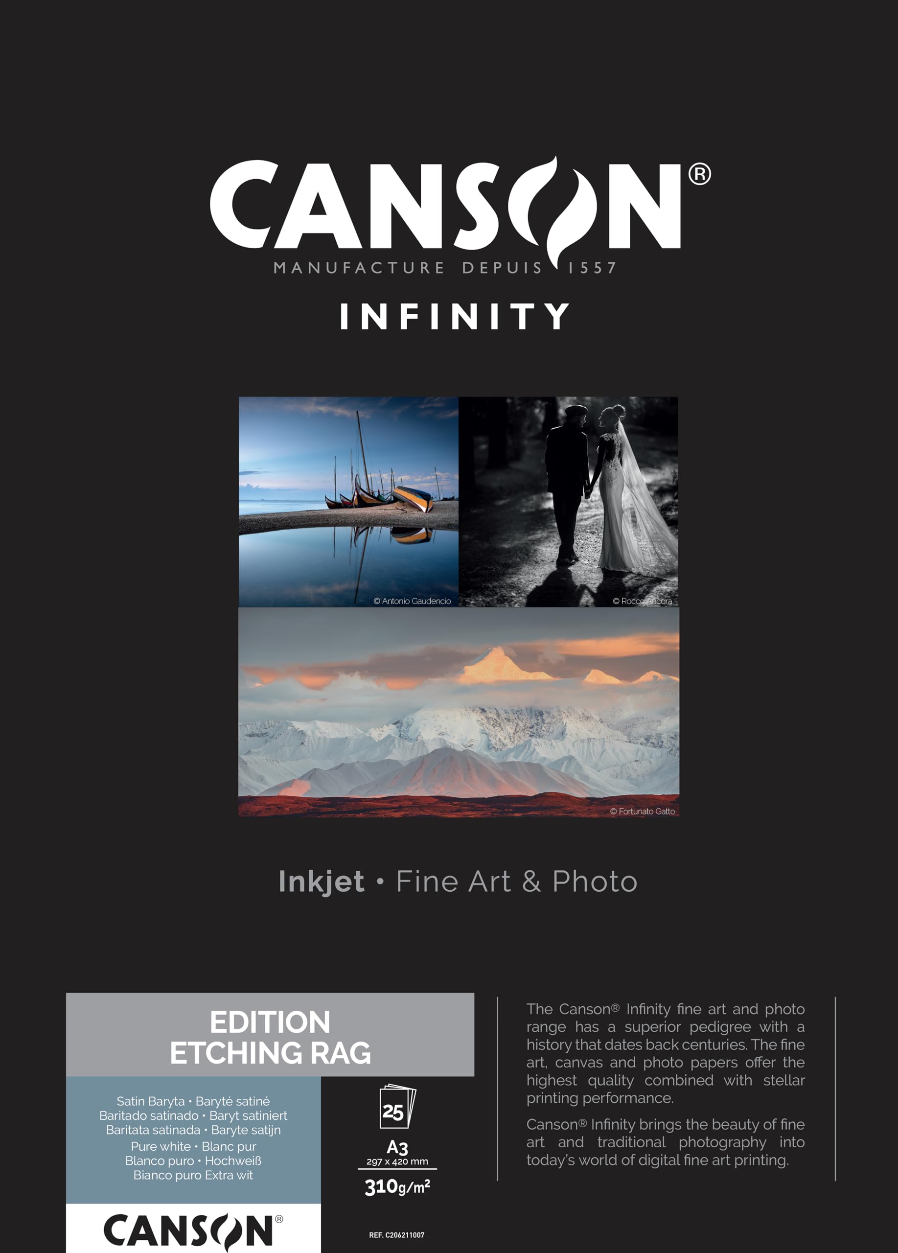 CANSON Infinity Edition Etching Rag Smooth 310gsm A3 Paper, Digital Fine Art Reproduction, 25 Pure White Sheets, Ideal for Professional Photographers