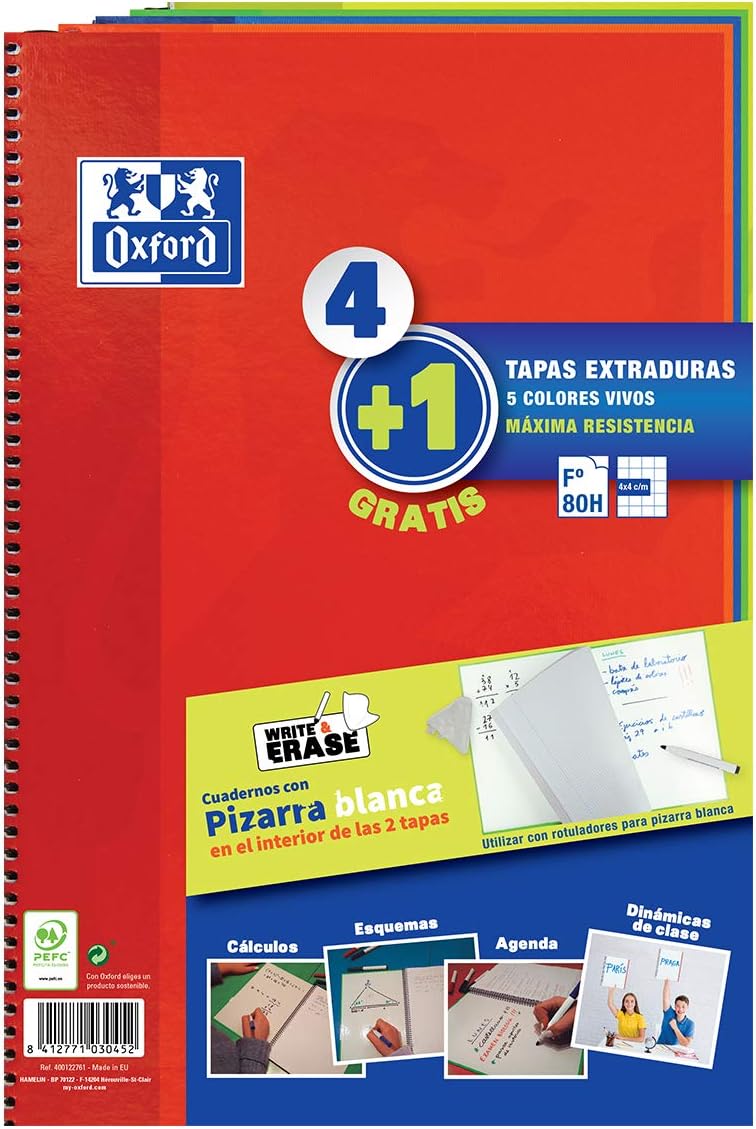 Oxford A4 Extra Hard Cover Notebooks Writing Board 80 Sheets 4x4 Squared Pack of 4+1 Assorted Vibrant Colours - Image 3