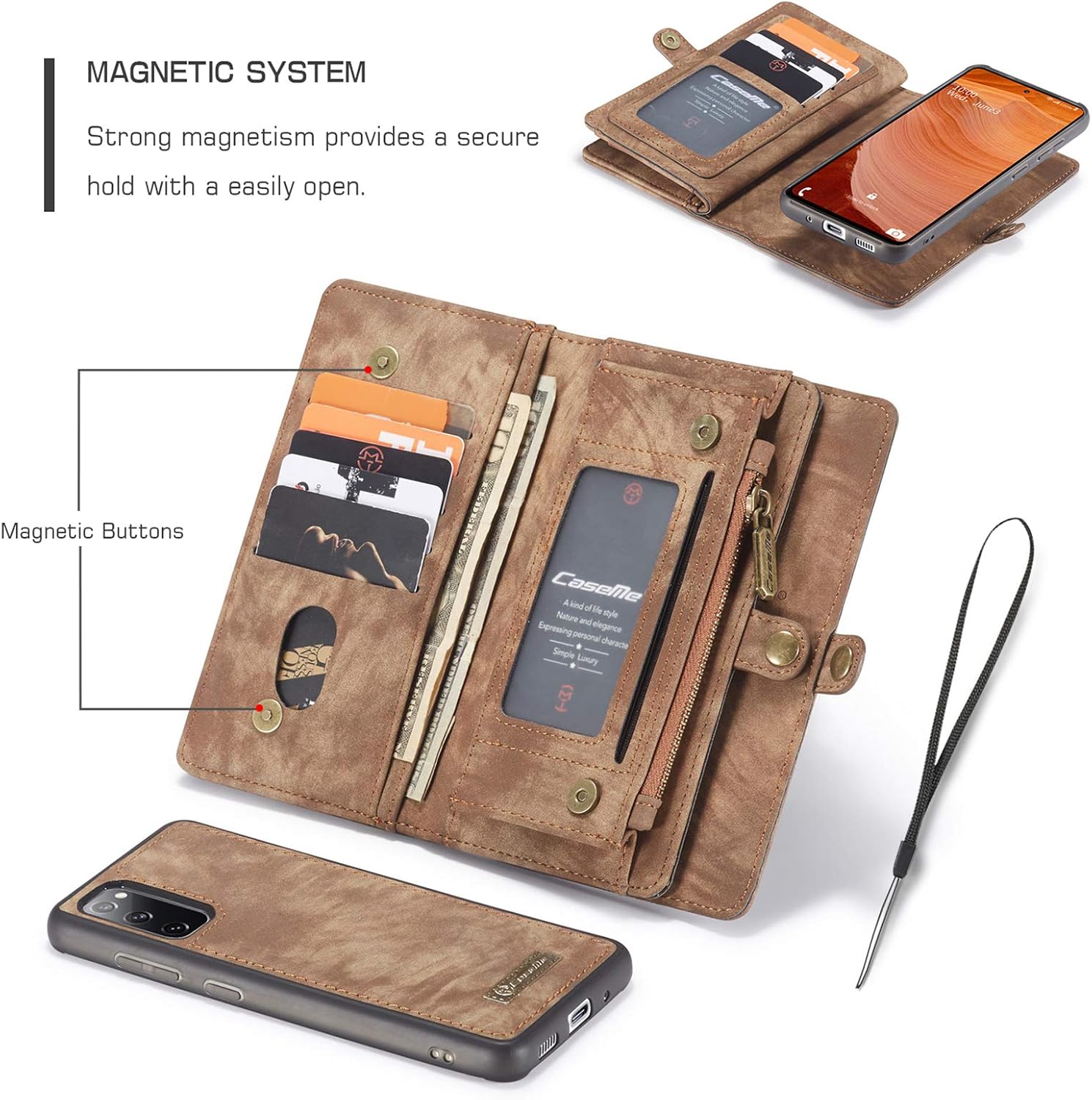 ANROD Detachable Leather Wallet Case for Samsung Galaxy S20 FE 5G,CaseMe Magnetic Closure 2-in-1 Flip TPU Shockproof Zipper Purse Back Cover with Card Slots (Coffee) - Image 4
