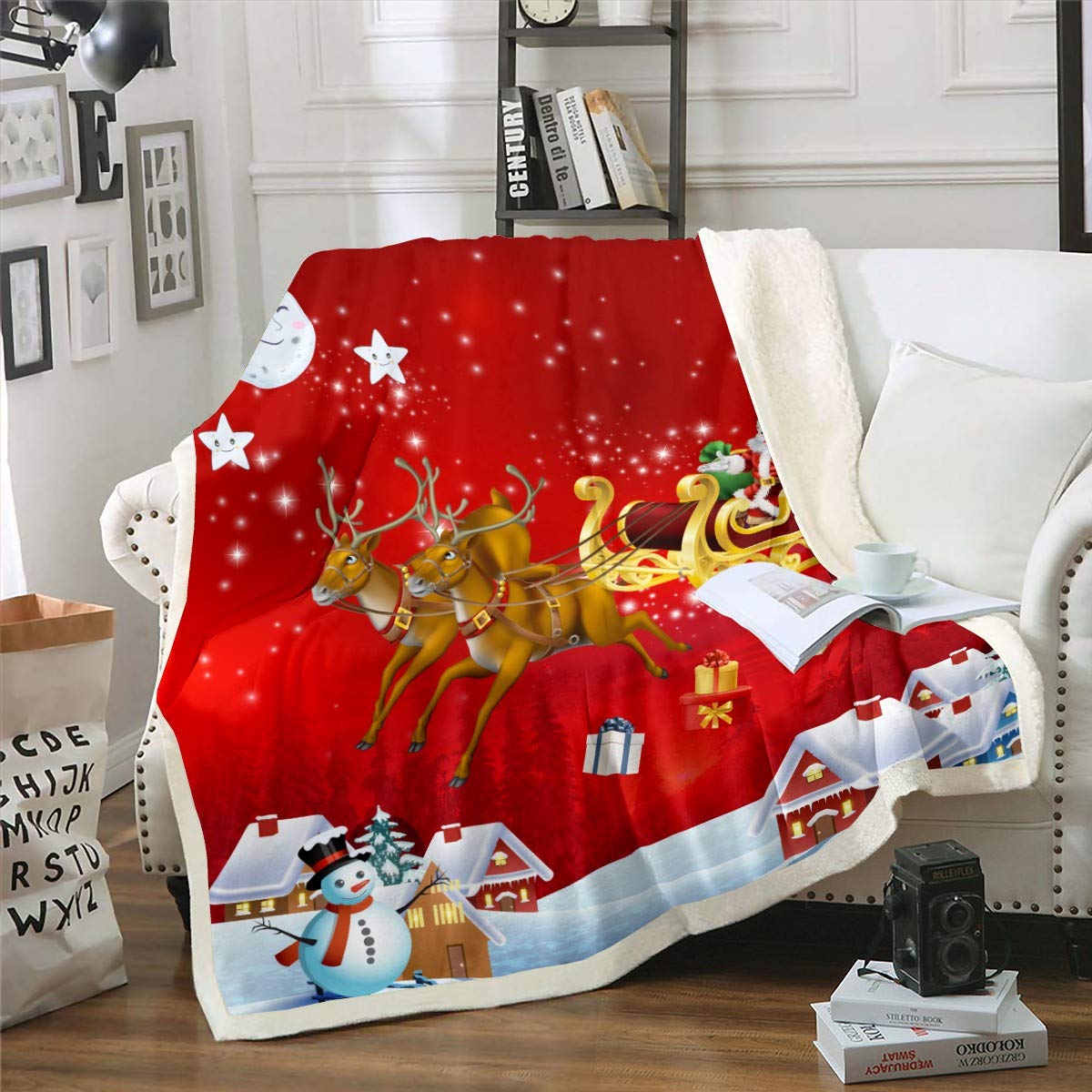 Tbrand Christmas Fleece Throw Blanket Santa Claus Deer Snowman Printed Sherpa Blanket for Kids Boys Girls Xmas Plush Blanket Festival Decor Fuzzy Blanket for Sofa Bed Couch,King 87x94 Inch