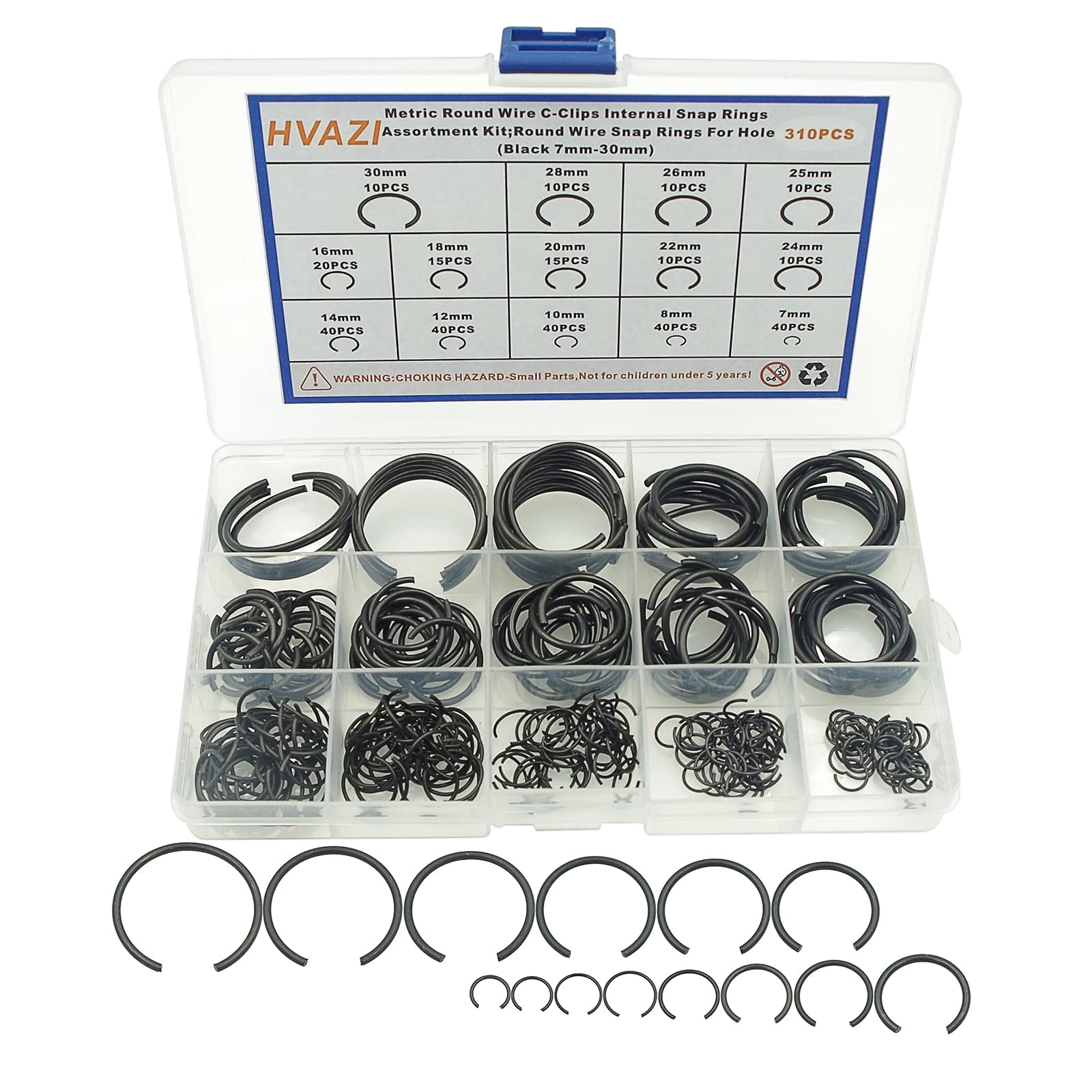HVAZI 310PCS 14-Sizes Round Wire C-Clips Internal Snap Rings Assortment Kit;Round Wire Snap Rings for Hole(Black 7mm-30mm)