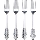 WDF 100 Piece Silver Forks Disposable - 7.48 Inch Silver Plastic Forks - Baroque Silverware for Dessert Cake - Heavy Duty Plastic Fork for Party Wedding or Daily Using Valentine's Day
