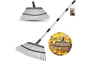 Fabulas Rake for Leaves, 65 Inch Adjustable Long Handle Garden Leaf Rake, 18 Inch Wide Heavy Duty with 25 Metal Tines for Lawns Yard Shrubs Grass Gardening Camping Garbage Thatch