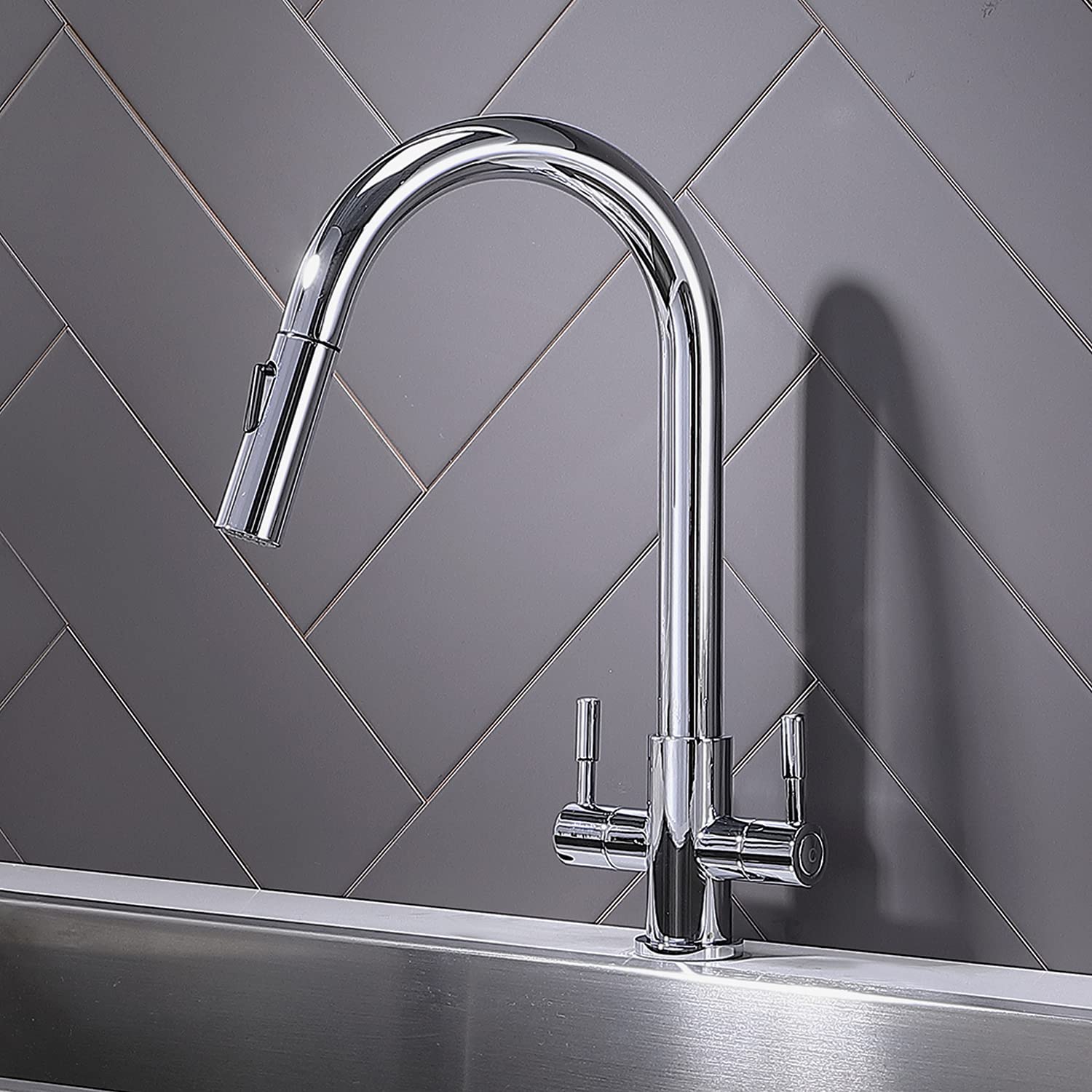 GLANZHAUS Contemporary Commercial Twin Lever Kitchen Mixer Sink Tap, Chrome Dual Handle and Single Hole Kitchen Taps with 1.5m Pull Out Spray Hose