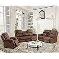 Plithzy Recliner Sofa Set Living Room Furniture, Corduroy Fabric Reclining Sofa Set, Recliner Couch Set with Cup Holders and Storage Console (3 Pieces Living Room Furniture Set, Brown)