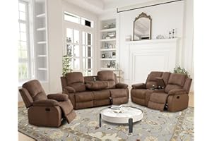 Plithzy Recliner Sofa Set Living Room Furniture, Corduroy Fabric Reclining Sofa Set, Recliner Couch Set with Cup Holders and Storage Console (3 Pieces Living Room Furniture Set, Brown)