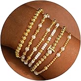 Turandoss 6PCS Beaded Initial Bracelets for Women Girls - 18K Gold Plated Beaded Initial Letter Bracelet Initial A-Z Stretch Bead Stackable Bracelet Jewelry Gifts for Her