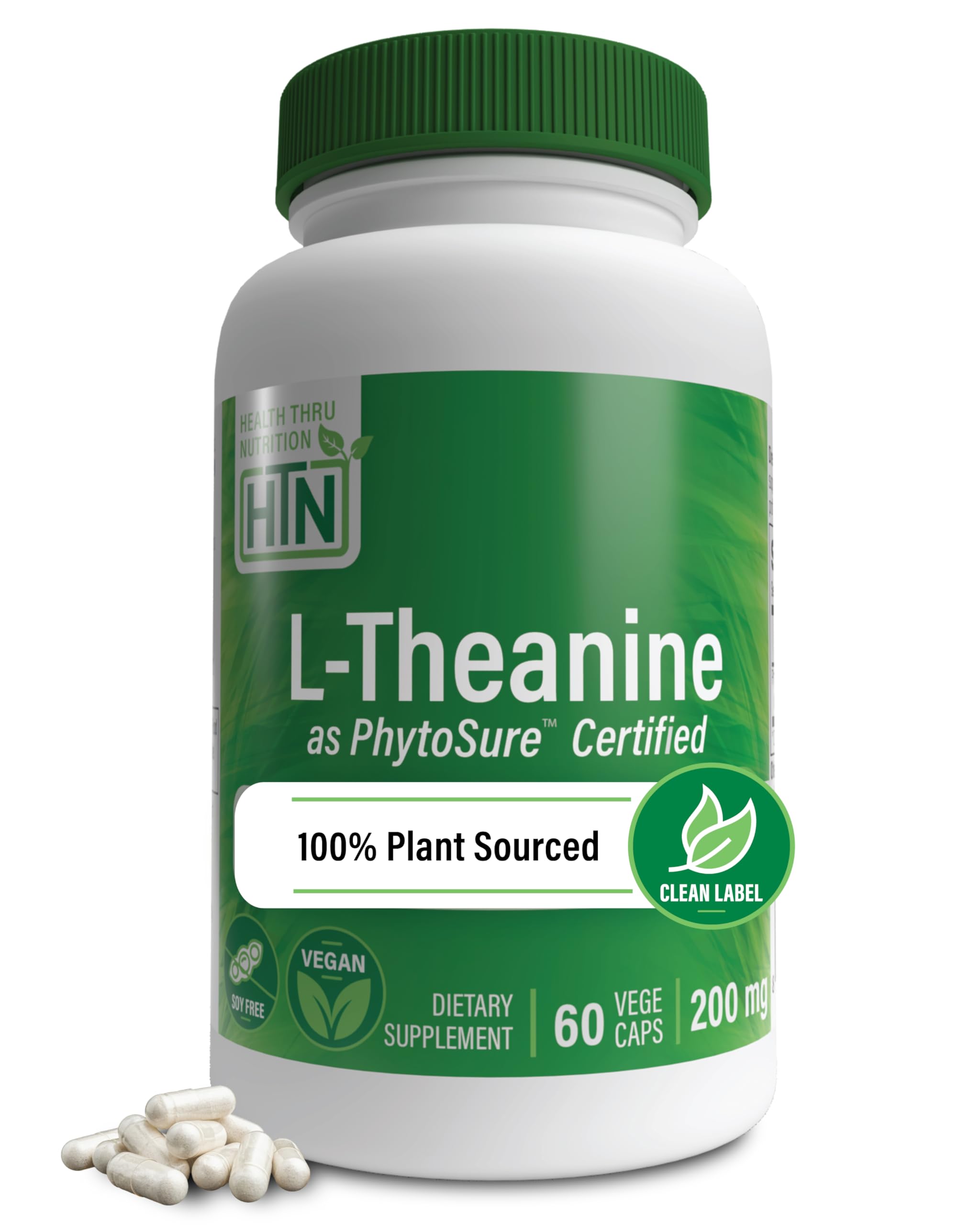 L-Theanine 200mg Vegan as PhytoSure Certified | Supports Healthy Relaxation & Focus | 3rd Party Tested | Clean Label, Non-GMO, Gluten & Soy Free, Hypoallergenic | by Health Thru Nutrition (Pack of 60)