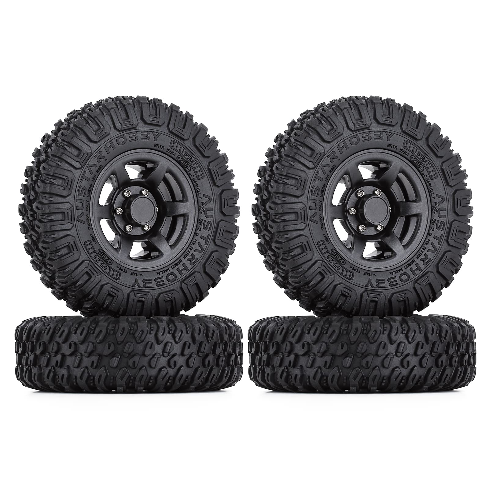 KEEDA 85mm RC Tyres and 1.55 inch Plastic Beadlock Wheel Rim for 1/10 RC Crawler Car D90 Pajero TF2 Tamiya CC01 CC02 LC70 LC80 (Black)