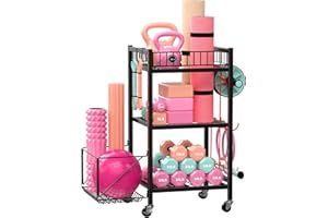 RM FOLD ART 3-Tier Home Gym Storage Rack, Adjustable Yoga Mat Storage Rack, 250LBS Metal Workout Equipment Storage Cart with Large Basket & Lockable Wheels for Mats, Bands, Foam Rollers, Yoga Block (Rack Only)