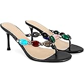 MAIJED Jeweled Flip Flop Kitten Heels for Women Open Toe Beaded Strappy High Heels Sandals Slip On Thong Heeled Mules Mid Heel Fashion Party Dress Shoes
