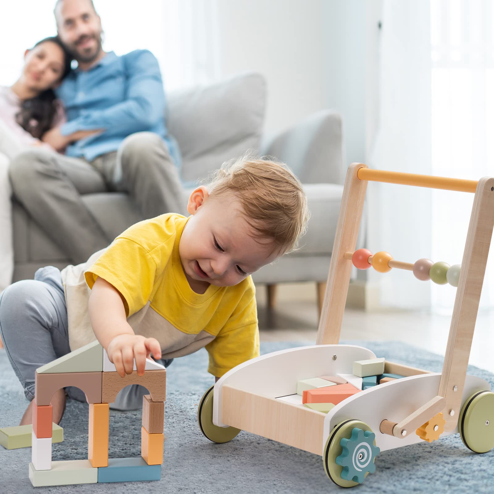 ROBUD Wooden Baby Push Walker for Boy Girls, Baby Learning Walking Toys, with Wooden Building Block Burlywood WG189