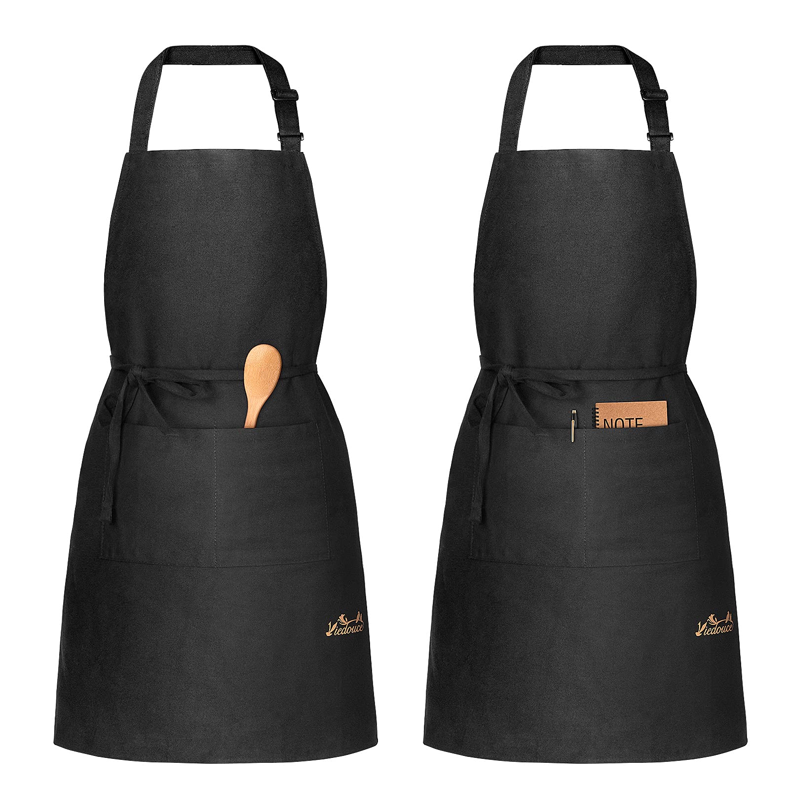 Viedouce 2 Packs Aprons Cotton,Cooking Kitchen Aprons,Adjustable Chef Apron with Pockets for Men Women,Black Aprons for Restaurant Garden Artist Barista Garden BBQ,School,Coffee House — image 1