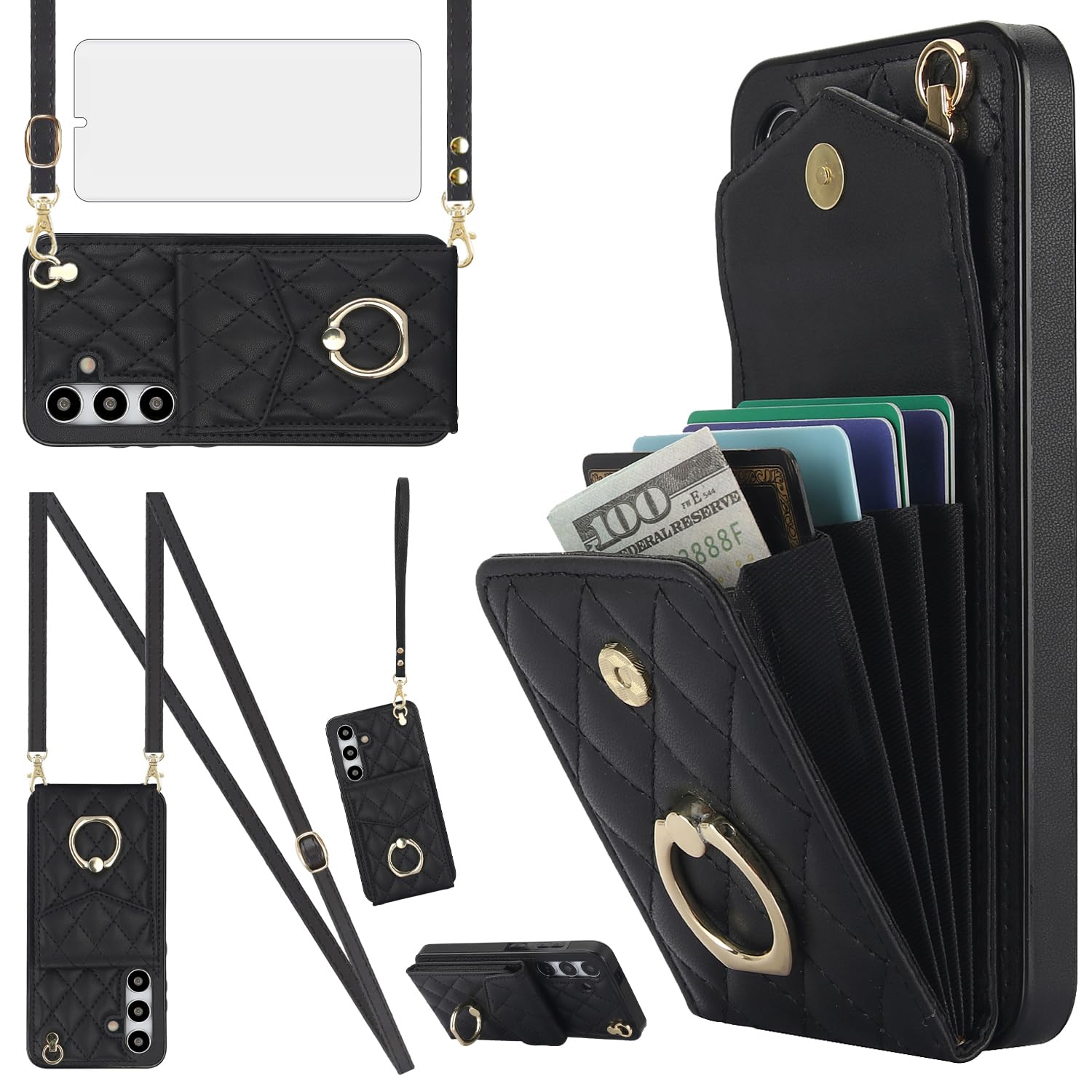 View 1 of Asuwish Phone Case for Samsung Galaxy S24 Plus S24+ 5G Wallet Cover with Tempered Glass Screen Protector and Wrist Strap Ring RFID Blocking Card Holder Cell S24plus 24S + S 24 24+ Women Girls Black