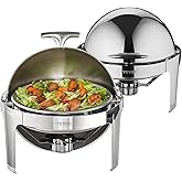 VEVOR Roll Top Chafing Dish Buffet Set, 6 Qt 2 Pack, Stainless Steel Chafer with 2 Full Size Pans, Round Catering Warmer Server with Lid Water Pan Stand Fuel Holder, for at Least 5 People Each