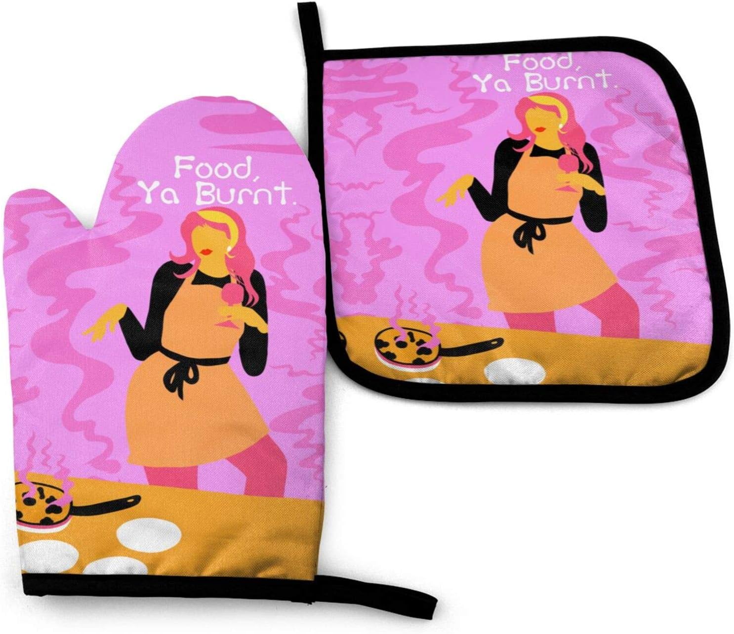 Carwayii Funny Girl Oven Mitt and Pot Holder Set,Food,Ya Burnt Super Heat Insulated Cooking Gloves with Quilting Cotton,Comfy Camping Supplies Soft Pizza Oven Mitts Thick Hot Pads Mat for Kitchen