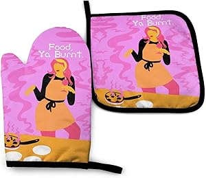 Carwayii Funny Girl Oven Mitt and Pot Holder Set,Food,Ya Burnt Super Heat Insulated Cooking Gloves with Quilting Cotton,Comfy Camping Supplies Soft Pizza Oven Mitts Thick Hot Pads Mat for Kitchen